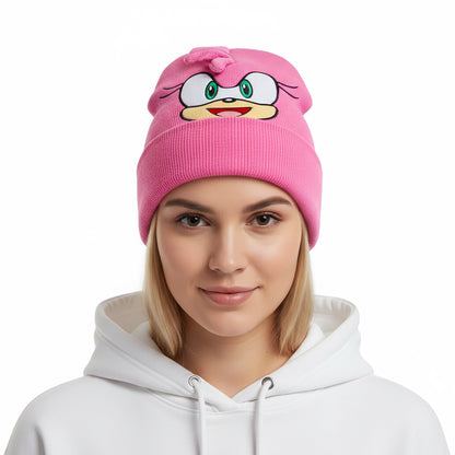 Sonic The Hedgehog Beanie Amy Rose Cuffed Knit Hat with 3D Quills and Ears