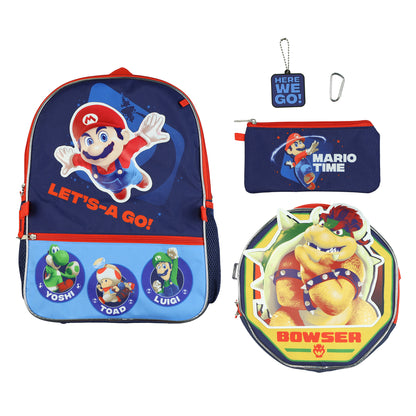 Super Mario Galaxy Backpack 16" Let's-A-Go 5-Piece Set Lunchbox Combo Book Bag