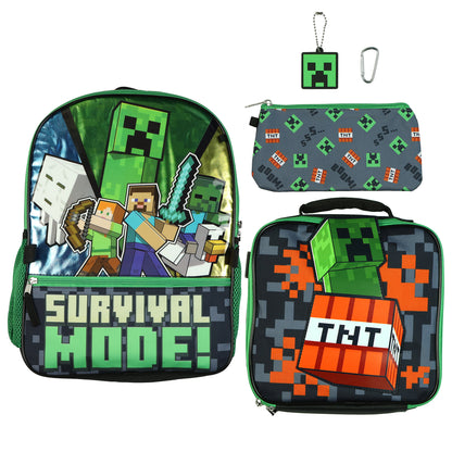 Minecraft Survival Mode Backpack 16" 5 Piece Set with Lunchbox Kids Book Bag Combo