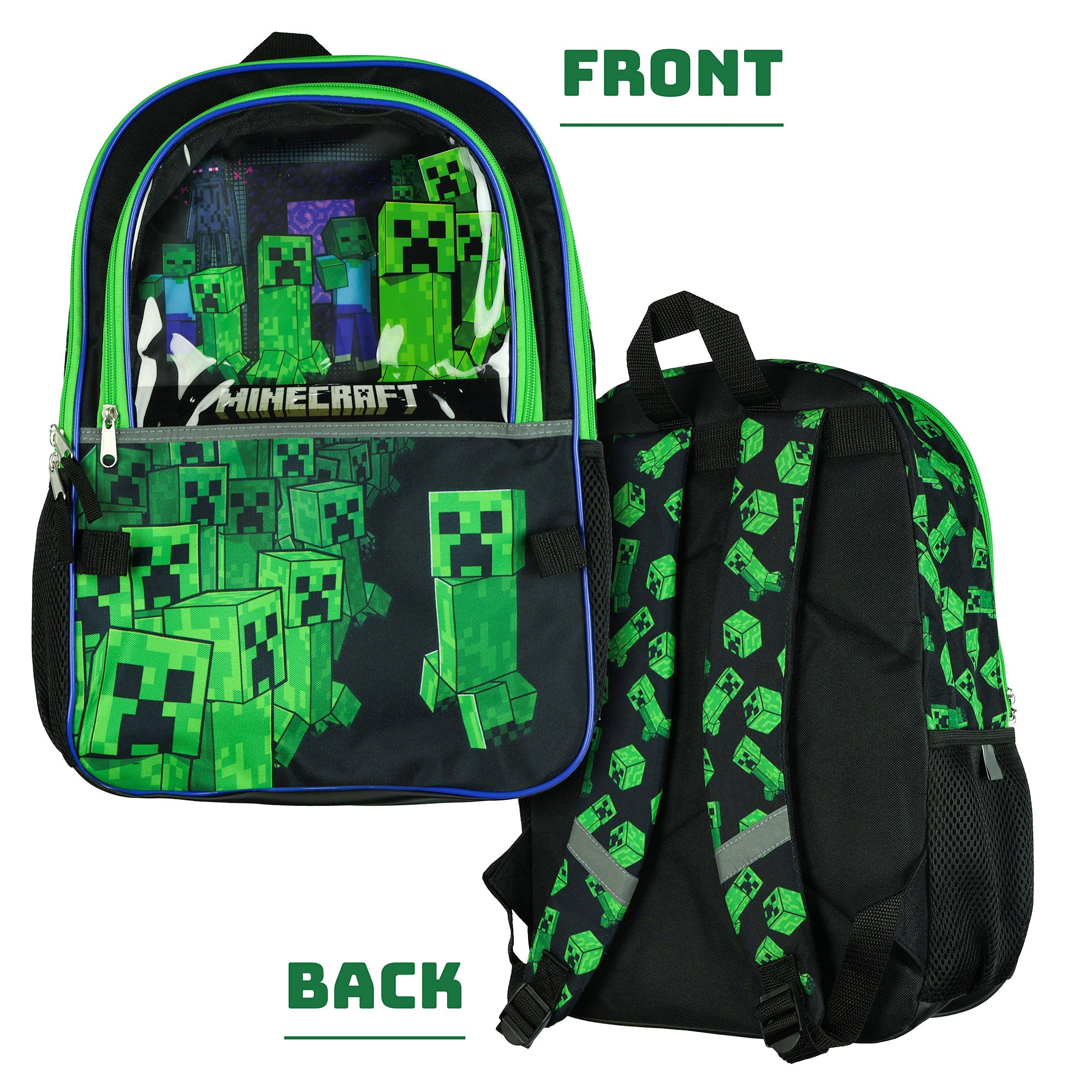 Minecraft Backpack 5-Piece Set Creeper Survival Mode Kids Book Bag 17"