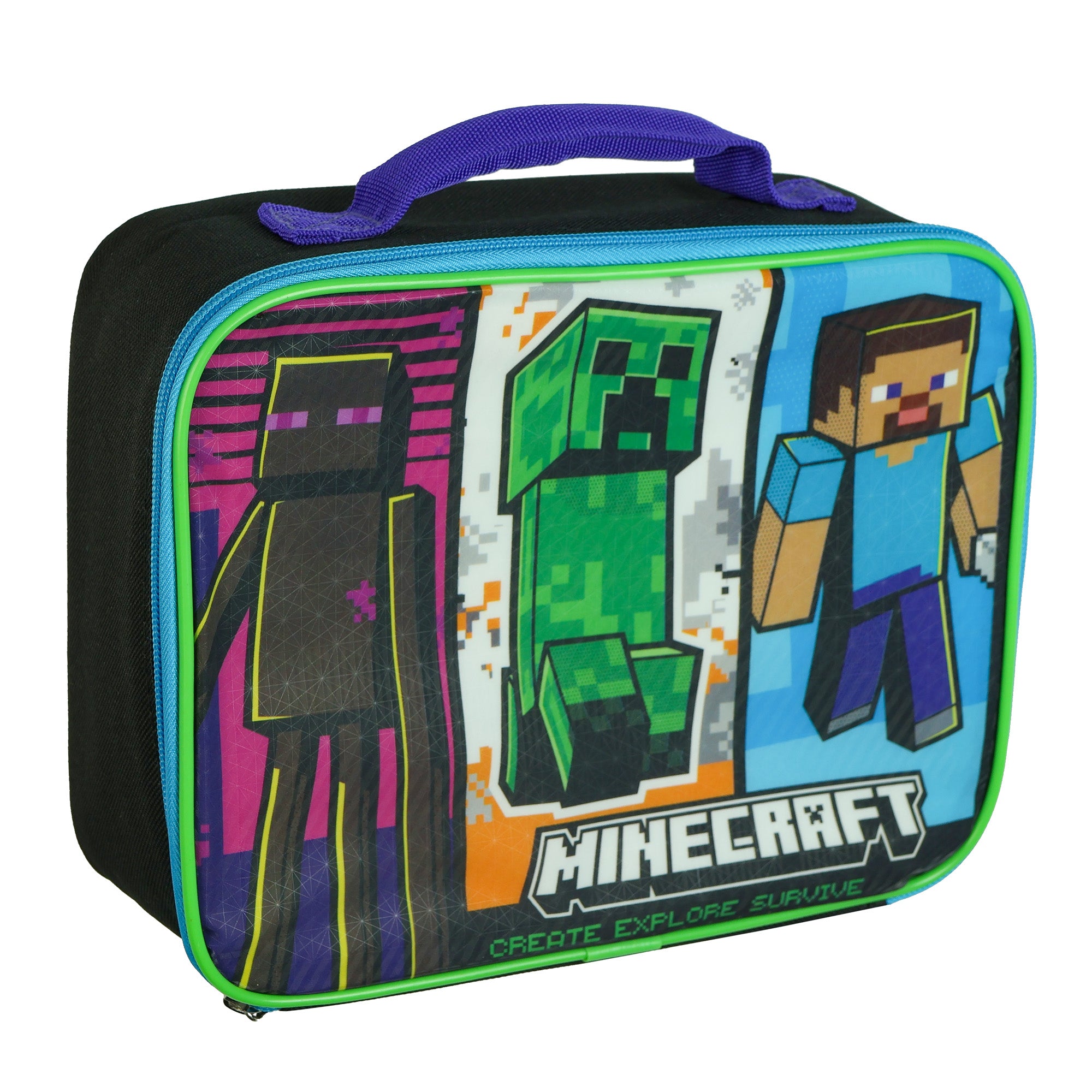 Minecraft Lunch Box Create Explore Survive Insulated Full Zip Lunch Tote Bag 10"