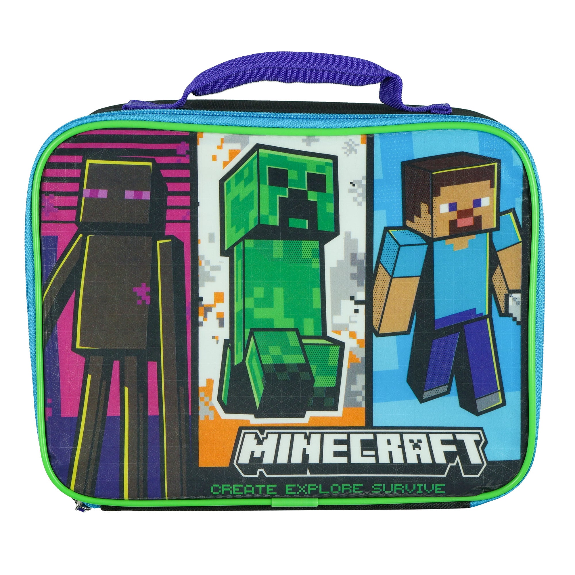 Minecraft Lunch Box Create Explore Survive Insulated Full Zip Lunch Tote Bag 10"