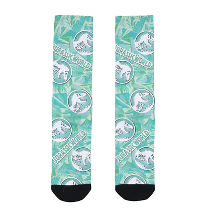 Jurassic World Socks Men's Tropical foliage Logo AOP Sublimated Crew Socks 8-12