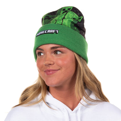Minecraft Beanie Creeper Mob Sublimation Fleece Design Knit Cuffed Hat with Pom