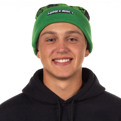 Minecraft Beanie Creeper Mob Sublimation Fleece Design Knit Cuffed Hat with Pom