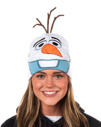 Disney Frozen Beanie Olaf Snowman Embroidered 3D Hair Cuffed Knit Cap OSFM Adult