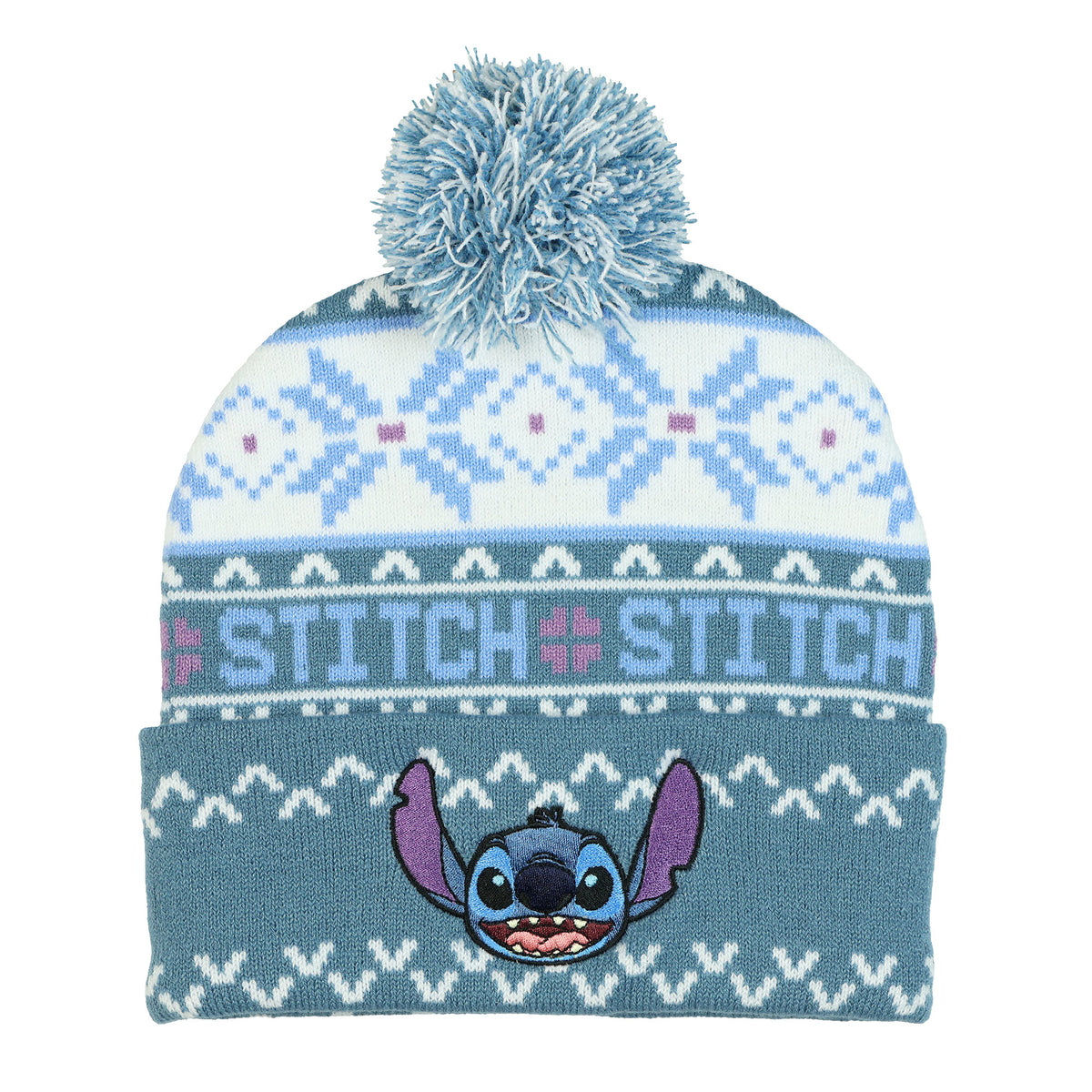 Disney Stitch Beanie Ugly Sweater Embroidered Cuff Knit Pom Hat Adult OSFM