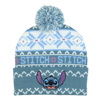 Disney Stitch Beanie Ugly Sweater Embroidered Cuff Knit Pom Hat Adult OSFM