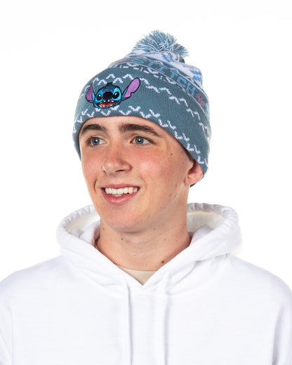 Disney Stitch Beanie Ugly Sweater Embroidered Cuff Knit Pom Hat Adult OSFM