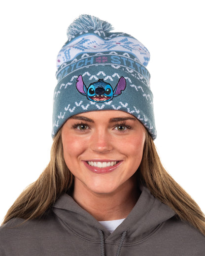 Disney Stitch Beanie Ugly Sweater Embroidered Cuff Knit Pom Hat Adult OSFM