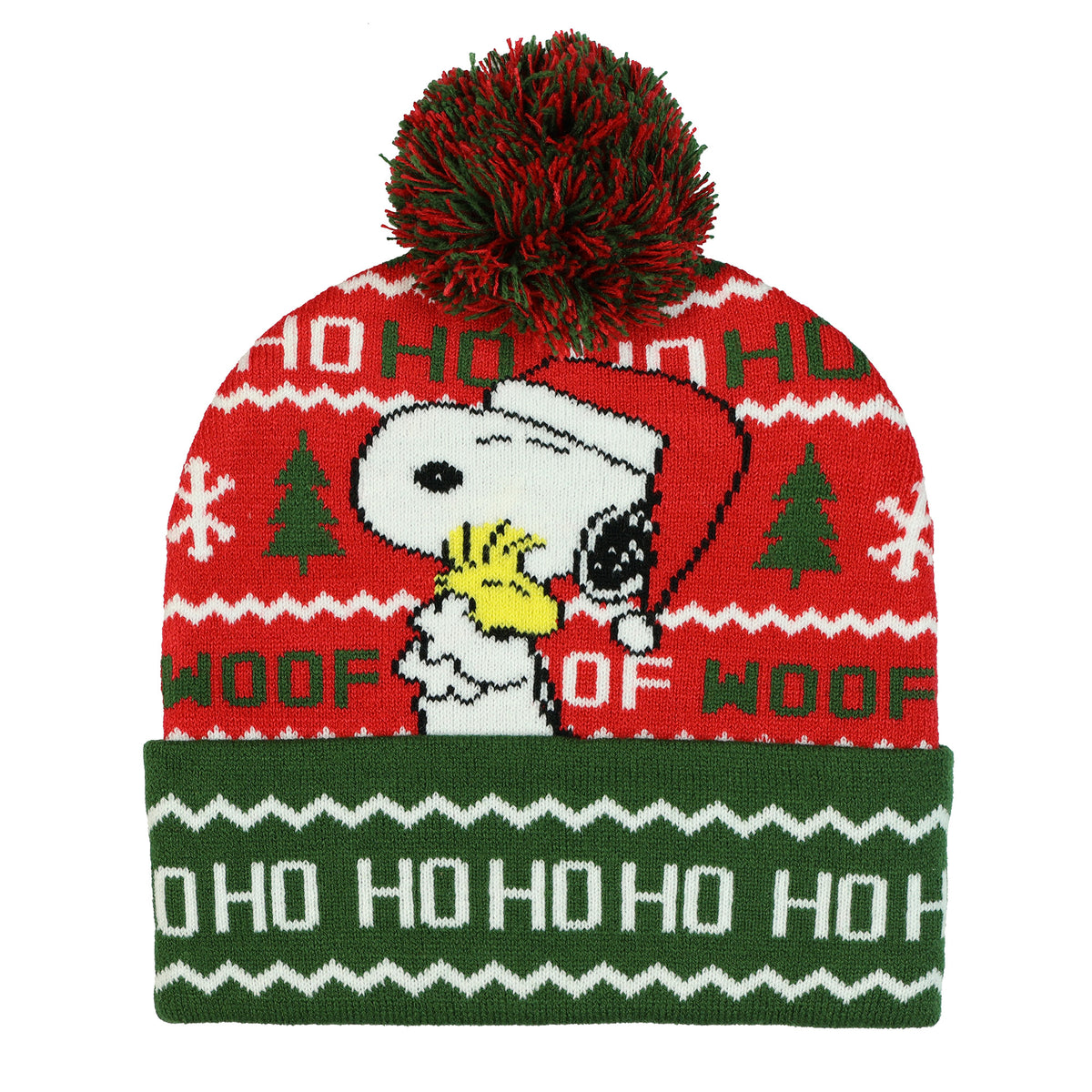 Peanuts Beanie Snoopy and Woodstock Ugly Sweater Cuff Knit Pom Hat Adult, OSFM