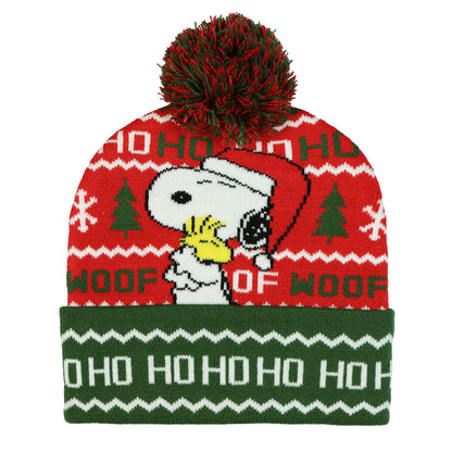 Peanuts Beanie Snoopy and Woodstock Ugly Sweater Cuff Knit Pom Hat Adult, OSFM