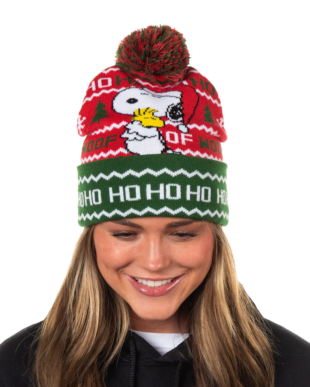 Peanuts Beanie Snoopy and Woodstock Ugly Sweater Cuff Knit Pom Hat Adult, OSFM