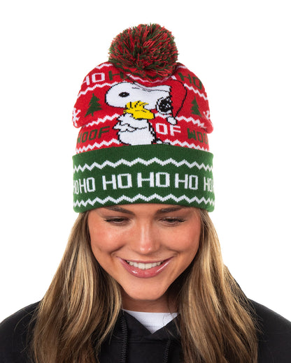 Peanuts Beanie Snoopy and Woodstock Ugly Sweater Cuff Knit Pom Hat Adult, OSFM