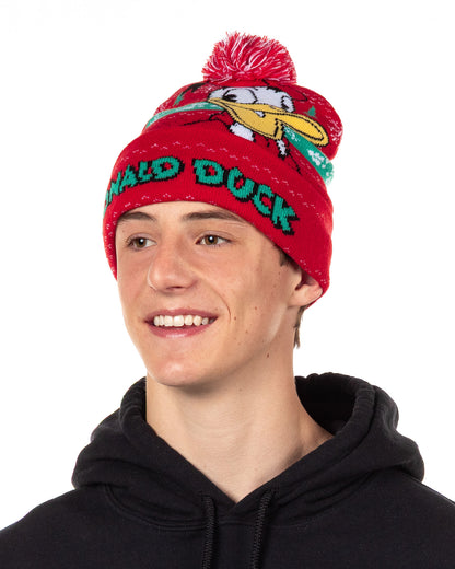 Disney Donald Duck Beanie Ugly Sweater Cuff Knit Pom Hat Adult, OSFM