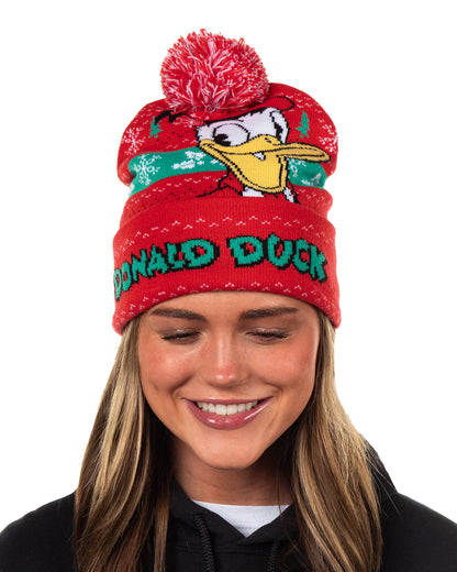 Disney Donald Duck Beanie Ugly Sweater Cuff Knit Pom Hat Adult, OSFM