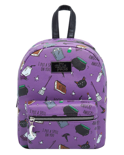 Disney Hocus Pocus Spell Book Binx Cauldron AOP Faux Leather Mini Backpack Bag 11"