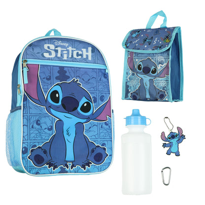 Disney Stitch Backpack 16" Shimmer Character 5 Piece with Detachable Lunch Box