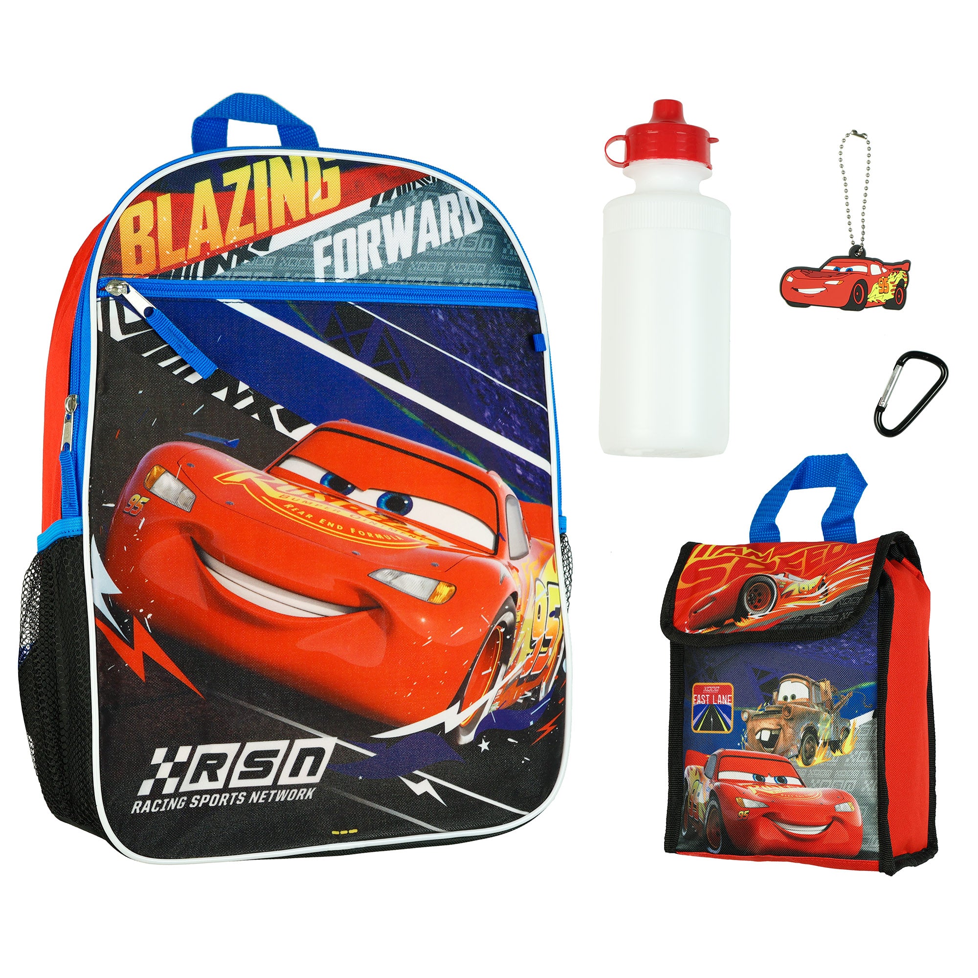 Disney Cars Backpack 5 Piece Set 16" Lightning McQueen Book Bag Lunch Box