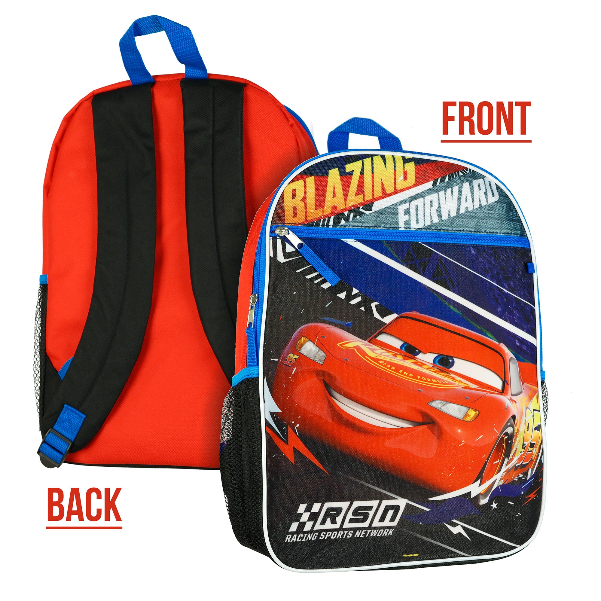 Disney Cars Backpack 5 Piece Set 16" Lightning McQueen Book Bag Lunch Box