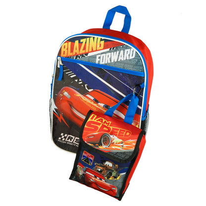 Disney Cars Backpack 5 Piece Set 16" Lightning McQueen Book Bag Lunch Box