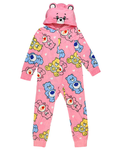 Care Bears Union Suit Girls' Full Zip Hooded Lounge Pajamas