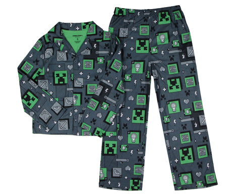 Minecraft Kid's AOP Creeper & Icons 2-Piece Button Down Coat Pajama Pant Set