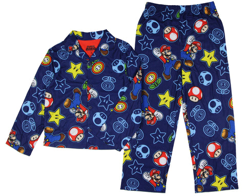 Super Mario Kid's AOP Icons 2-Piece Button Down Coat Pajama Pant Set