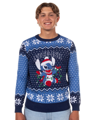 Disney Stitch Men's Nice-Ish Holiday Lights Pullover Crewneck Sweater