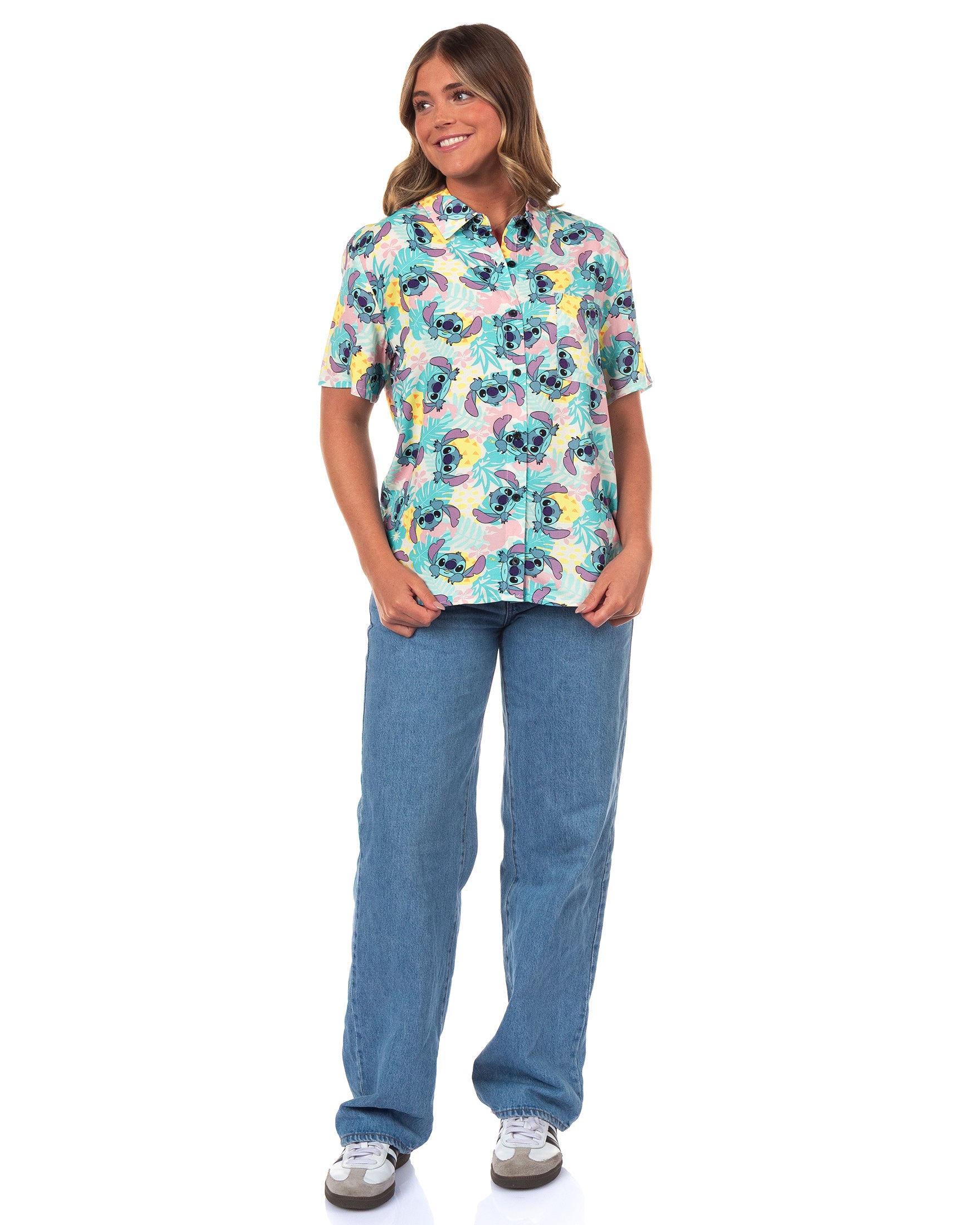 Disney Lilo and Stitch Hawaiian Shirt Junior Women's Tropical Button Up Top