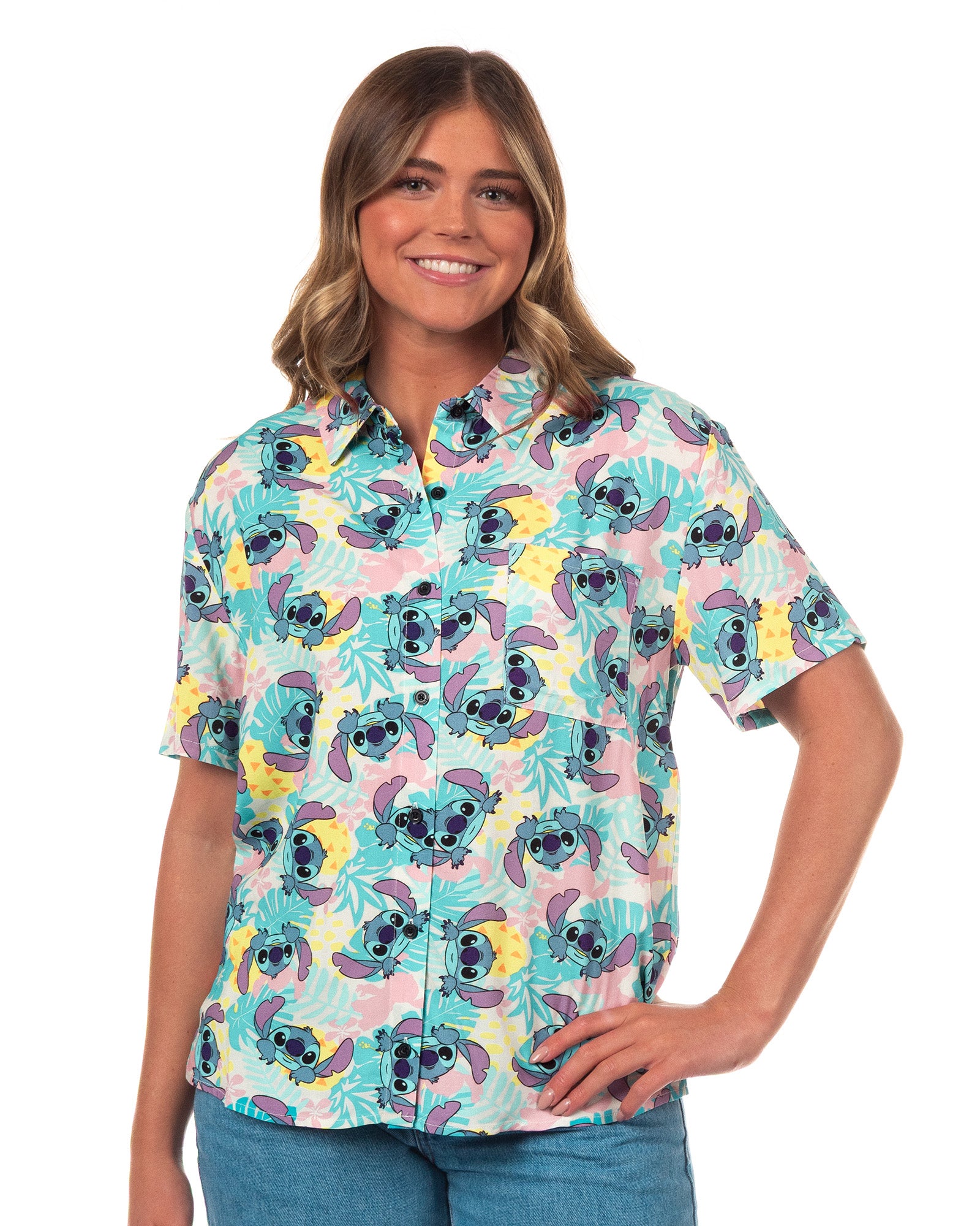 Disney Lilo and Stitch Hawaiian Shirt Junior Women's Tropical Button Up Top