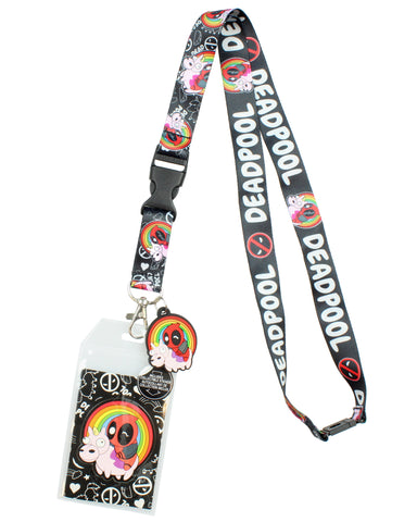 Marvel Deadpool Lanyard with Unicorn Rainbow Charm and Detachable ID Holder