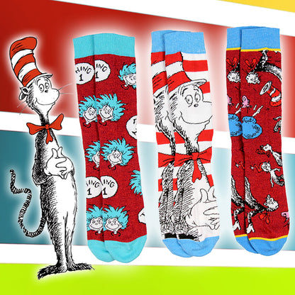 Dr. Seuss Socks Adult Cat In The Hat THING ONE THING TWO 3 Pack Mid-Calf Crew Socks