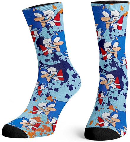 Sega Sonic The Hedgehog Running Color Splatter Sublimated Crew Socks Mid-Calf