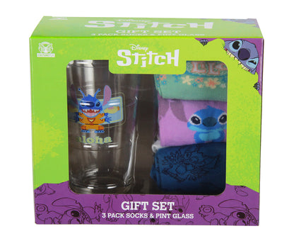 Disney Lilo & Stitch 3 Pairs of Socks And Pint Glass Gift Set Bundle