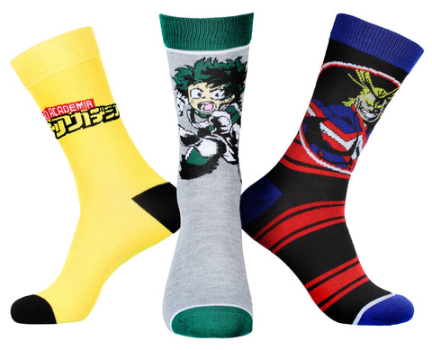 My Hero Academia Socks Men's Izuku Midoryia All-Might 3 Pack Mid-Calf Crew Socks