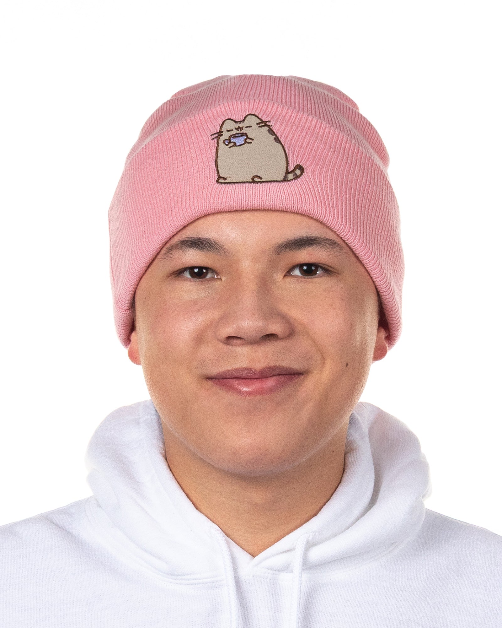 Pusheen Beanie Embroidered Tabby Cat Patch Design Fold Cuff Knit Hat Adult