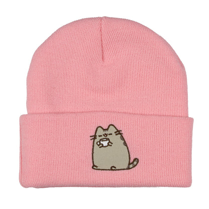 Pusheen Beanie Embroidered Tabby Cat Patch Design Fold Cuff Knit Hat Adult