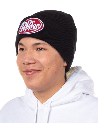 Dr Pepper Beanie Black Knit Fold Cuff Hat with Embroidered Logo OSFM Adult
