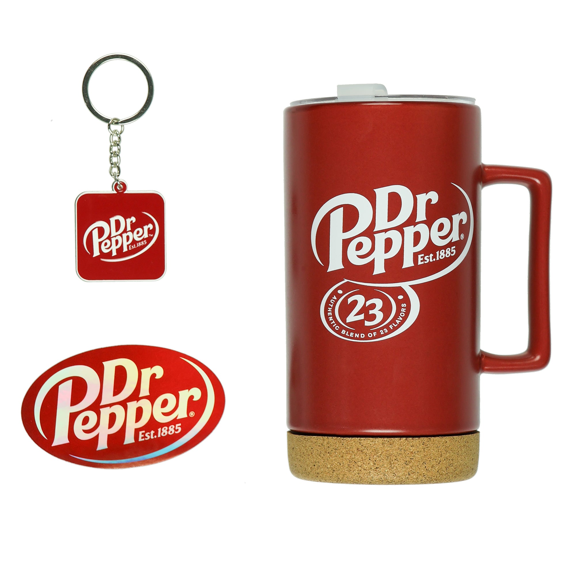 Dr Pepper 16 oz Travel Coffee Mug Keychain and Holographic Sticker Bundle Set