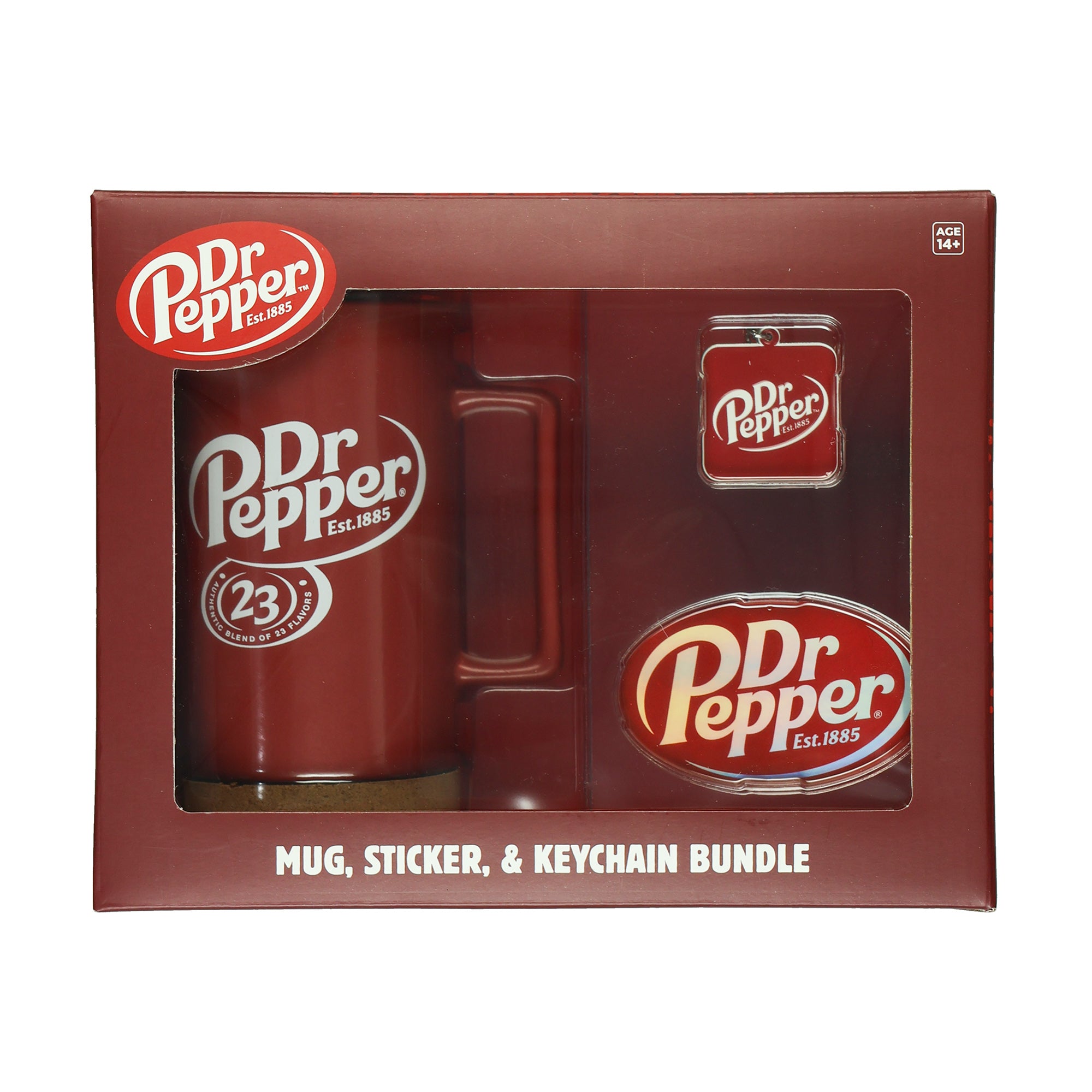 Dr Pepper 16 oz Travel Coffee Mug Keychain and Holographic Sticker Bundle Set