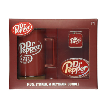 Dr Pepper 16 oz Travel Coffee Mug Keychain and Holographic Sticker Bundle Set