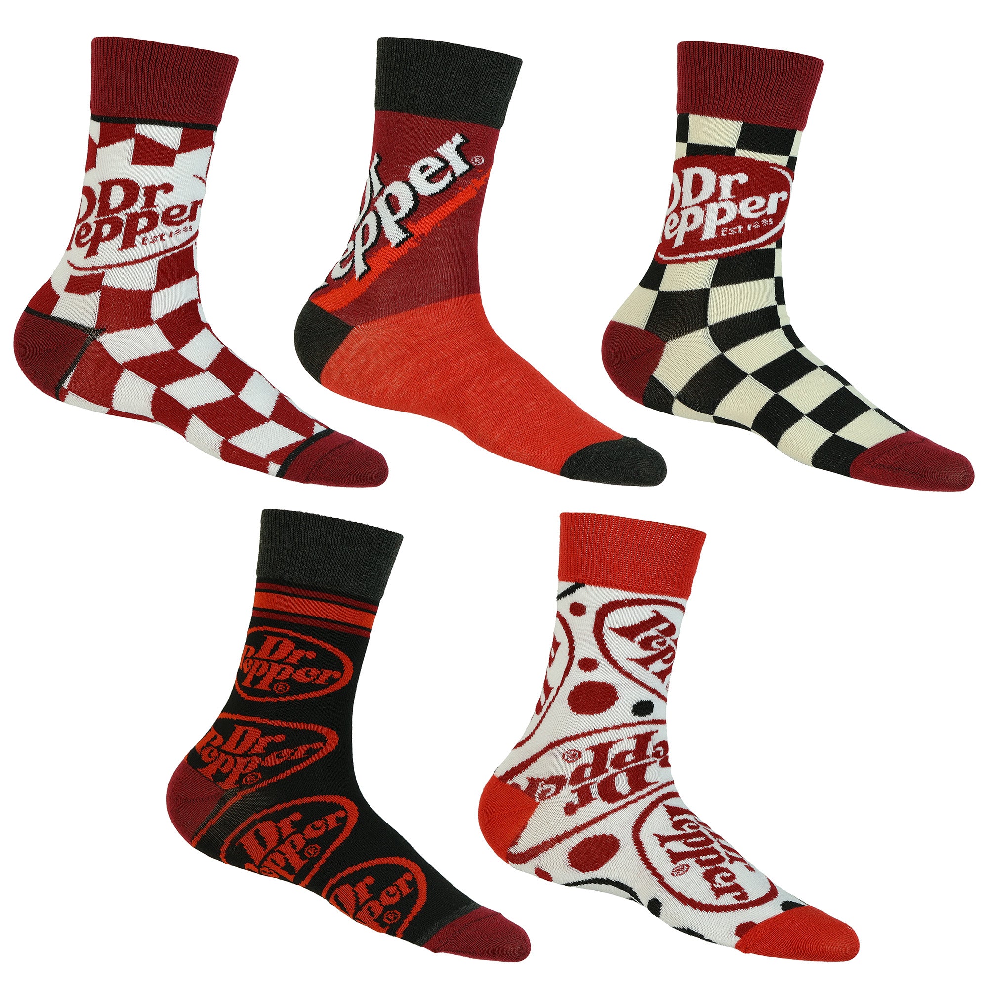 Dr. Pepper 5 Pack Logo Design Mix and Match Adult Mid-Calf Crew Socks 5 Pairs