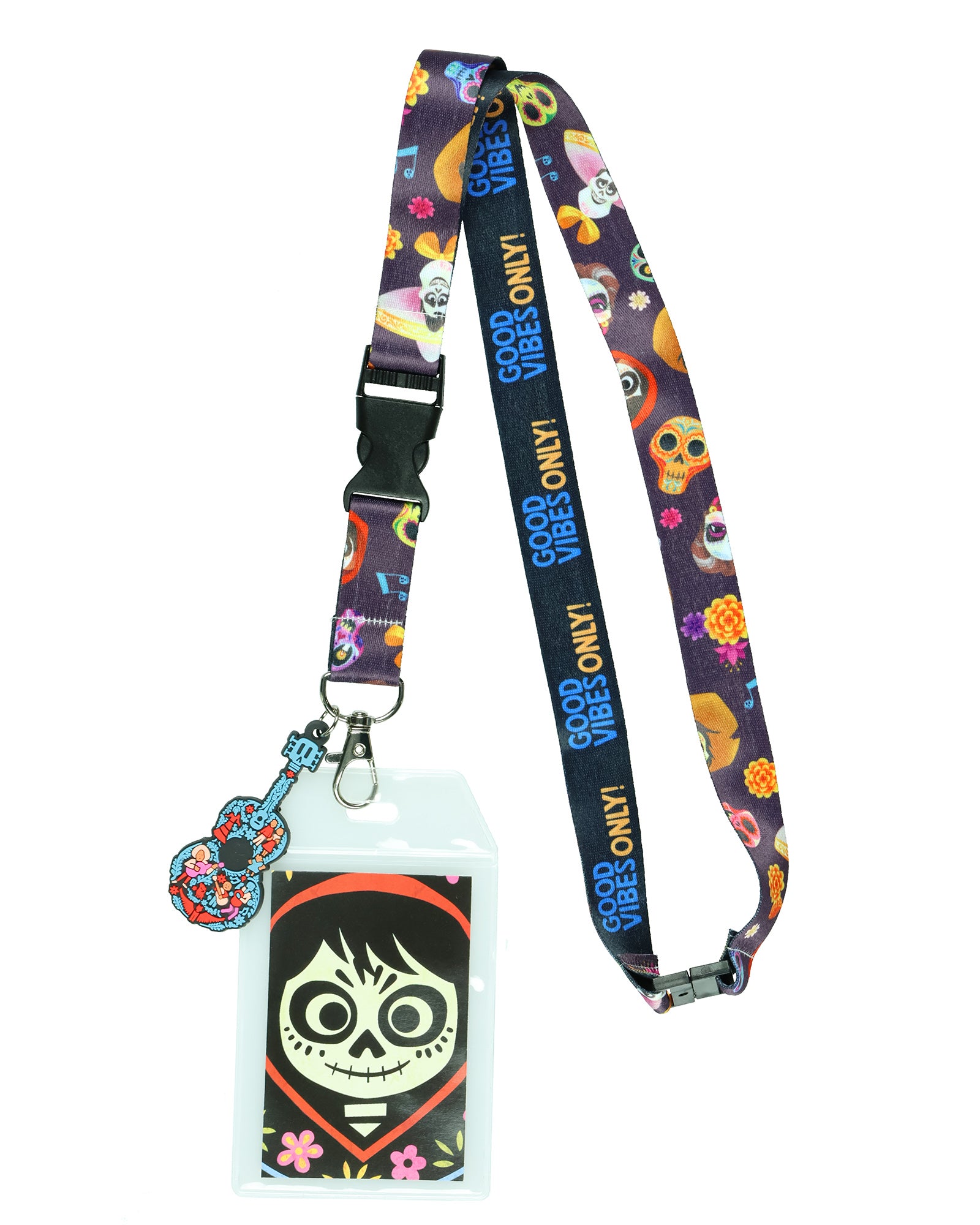 Disney Coco Good Vibes Only Lanyard with ID Holder and 2.5" Rubber Guitar Charm