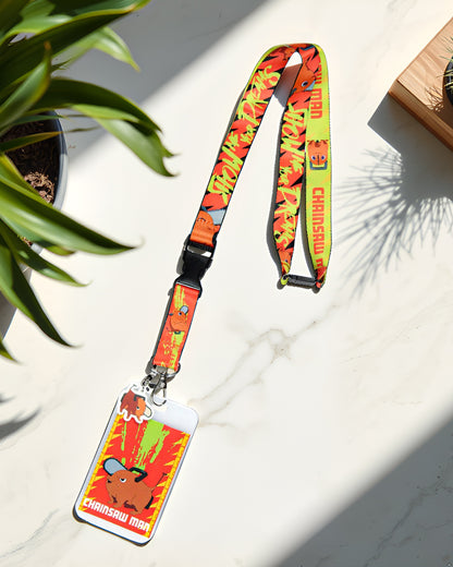 Chainsaw Man ID Lanyard Badge Holder w Pochita Rubber Pendant For Keys Keychain