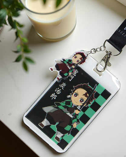 Demon Slayer Checkerboard Design Wrist Lanyard with ID Card and Plastic Charm