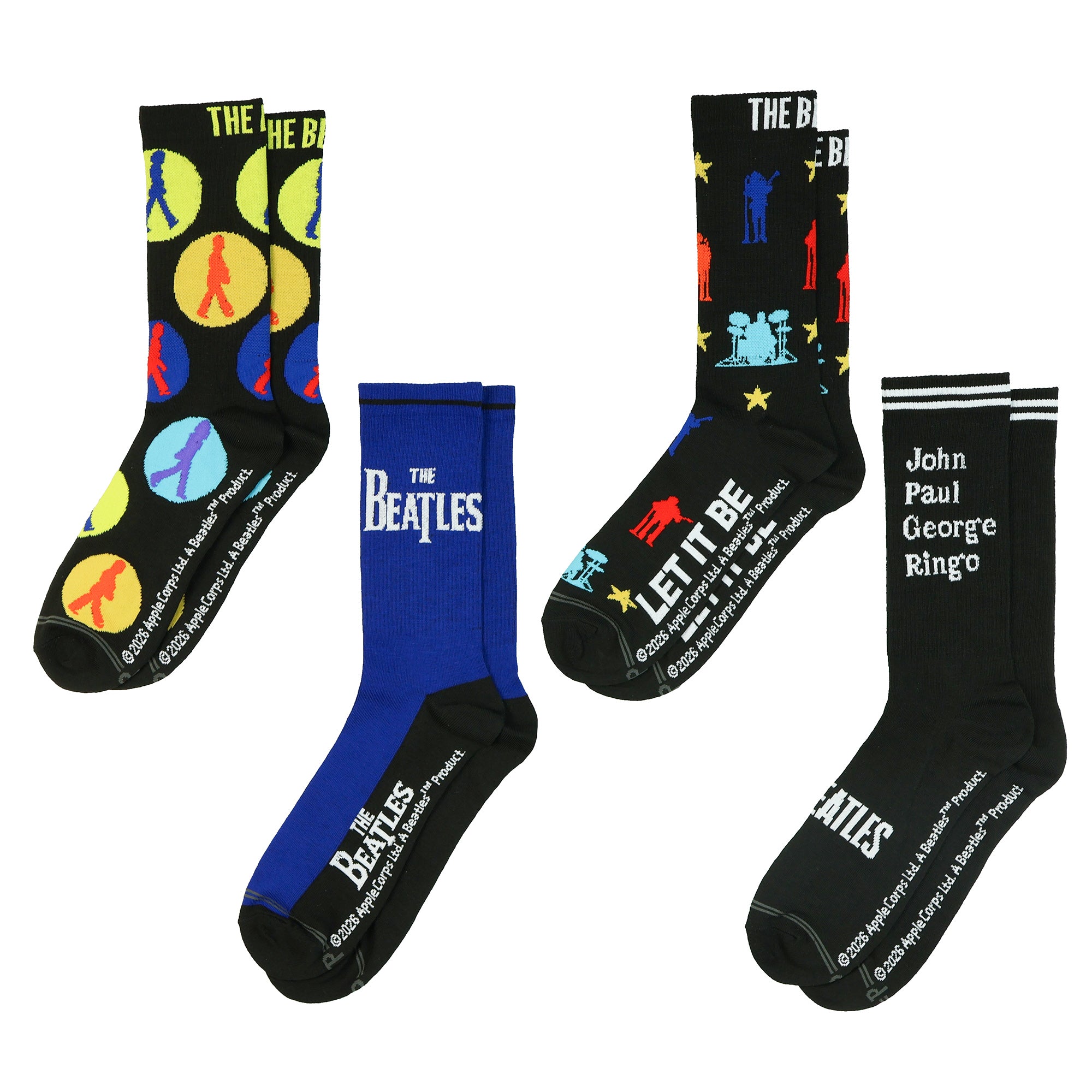 The Beatles Men's Let It Be Assorted Designs 4 Pair Mid-Calf Crew Socks