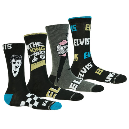 Elvis Presley Socks Men's King of Rock and Roll 4-Pack Crew Socks, 4 Pair
