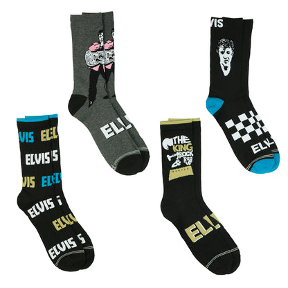 Elvis Presley Socks Men's King of Rock and Roll 4-Pack Crew Socks, 4 Pair