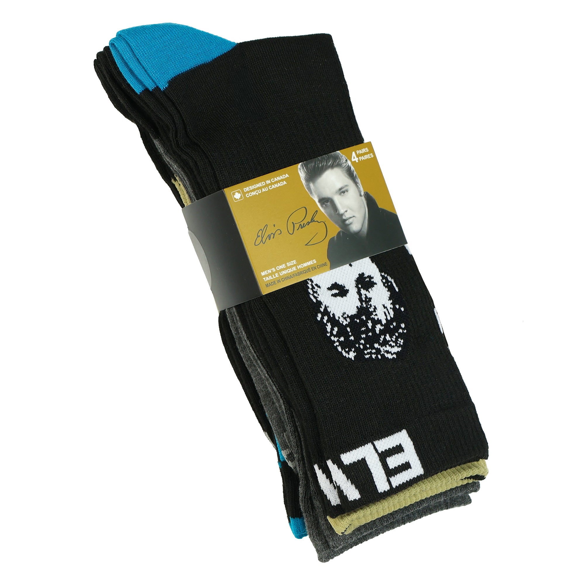 Elvis Presley Socks Men's King of Rock and Roll 4-Pack Crew Socks, 4 Pair